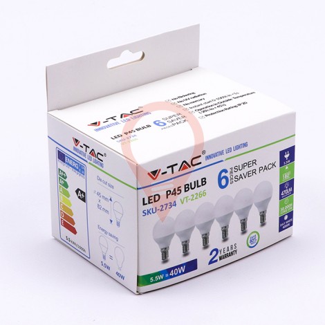 LED Bulb - 5.5W E14 P45 6400K 6PCS/PACK
