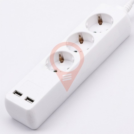 3 Ways Socket with 2 USB White Cable 1.5m